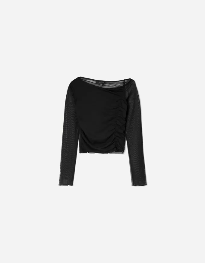 BERSHKA SERIES long sleeve gathered tulle T-shirt