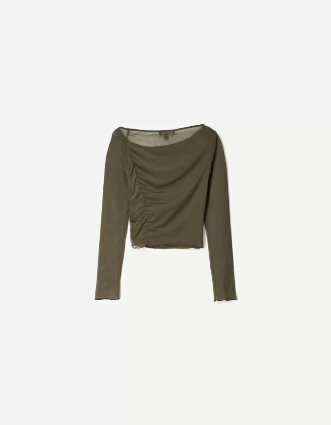 BERSHKA SERIES long sleeve gathered tulle T-shirt