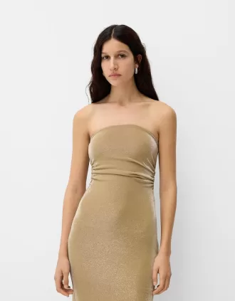 Bandeau neckline midi dress with metallic thread