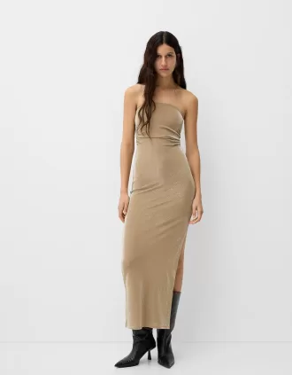 Bandeau neckline midi dress with metallic thread