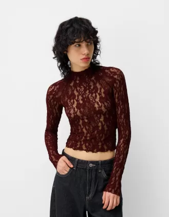 Blonde lace high neck long sleeve T-shirt