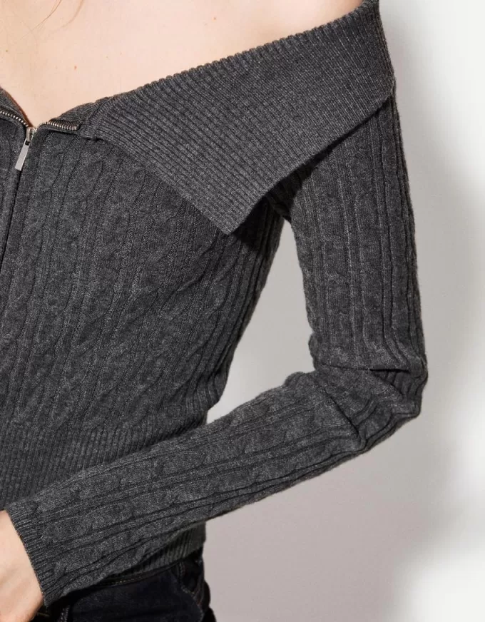 Cable-knit Bardot cardigan with zipper