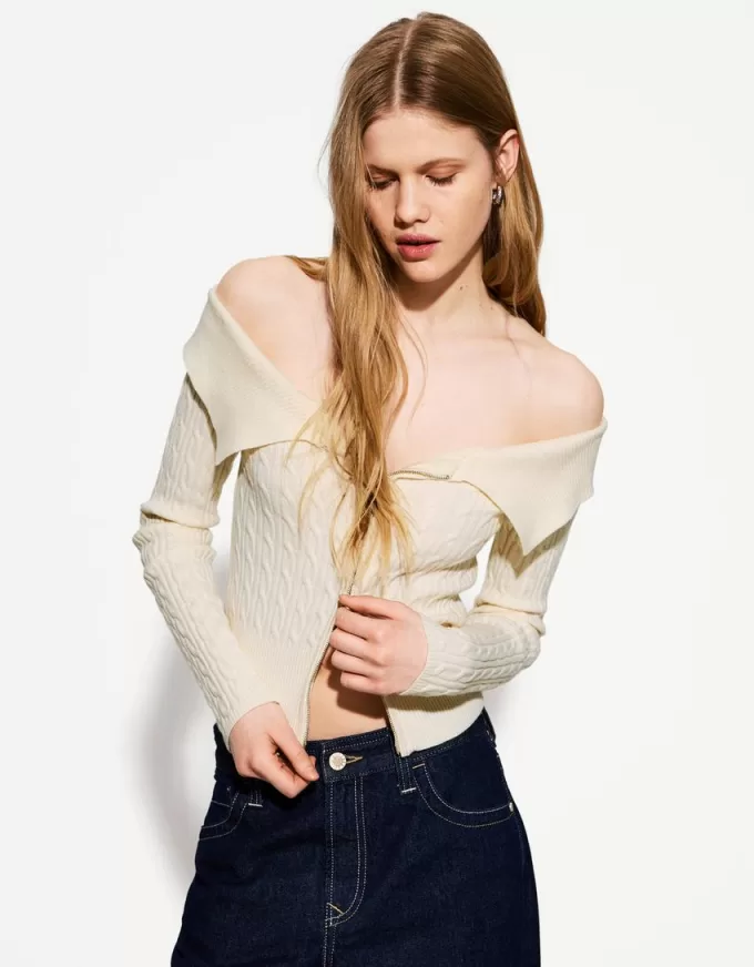 Cable-knit Bardot cardigan with zipper
