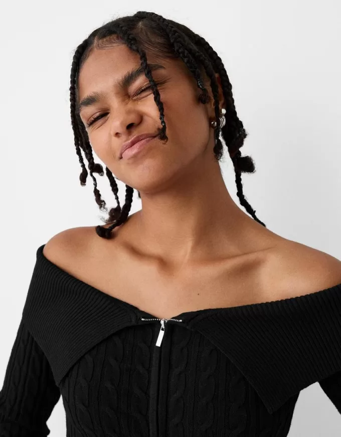 Cable-knit Bardot cardigan with zipper