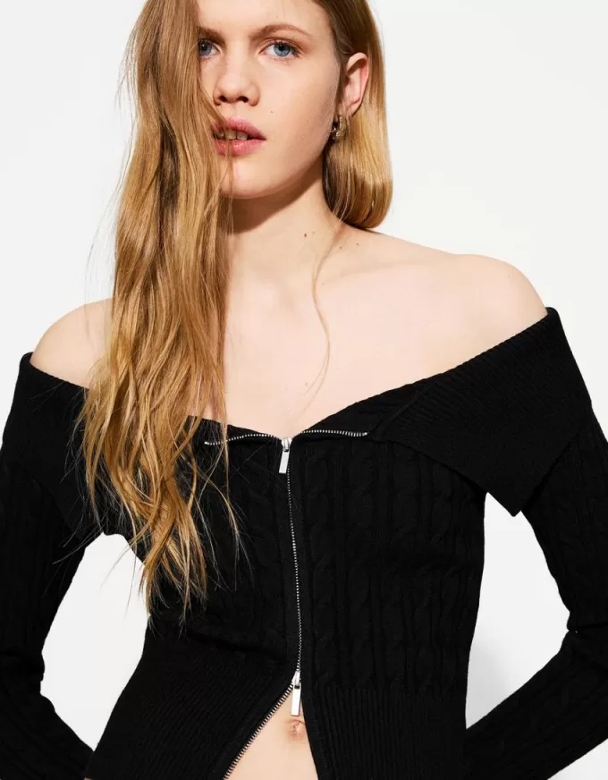 Cable-knit Bardot cardigan with zipper