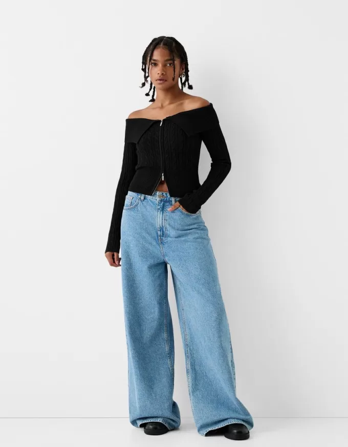 Cable-knit Bardot cardigan with zipper