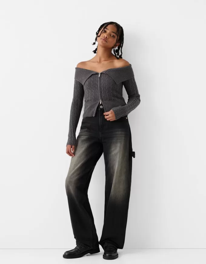 Cable-knit Bardot cardigan with zipper