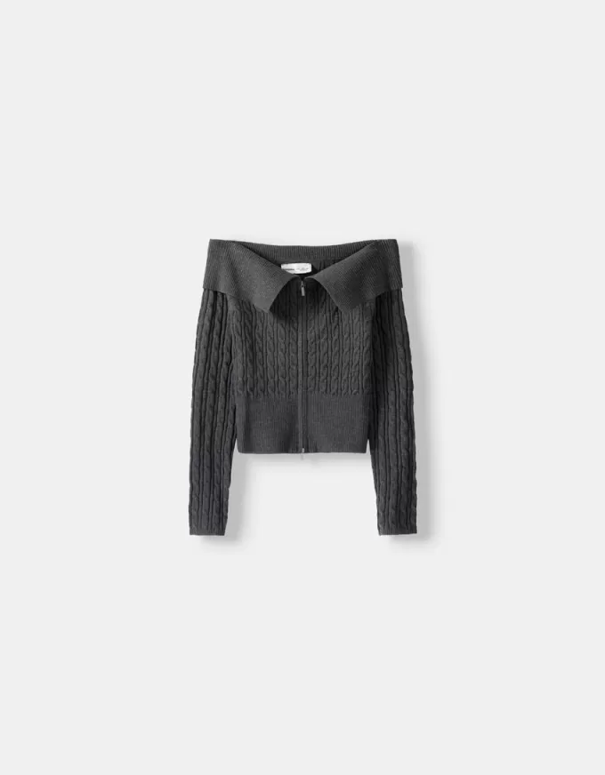 Cable-knit Bardot cardigan with zipper