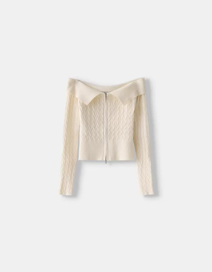 Cable-knit Bardot cardigan with zipper