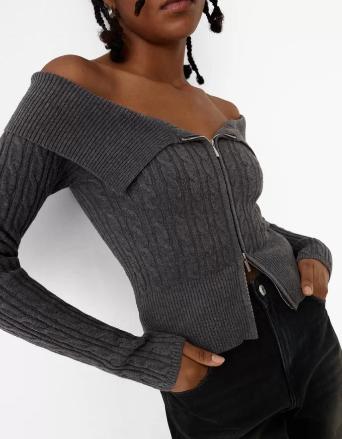 Cable-knit Bardot cardigan with zipper