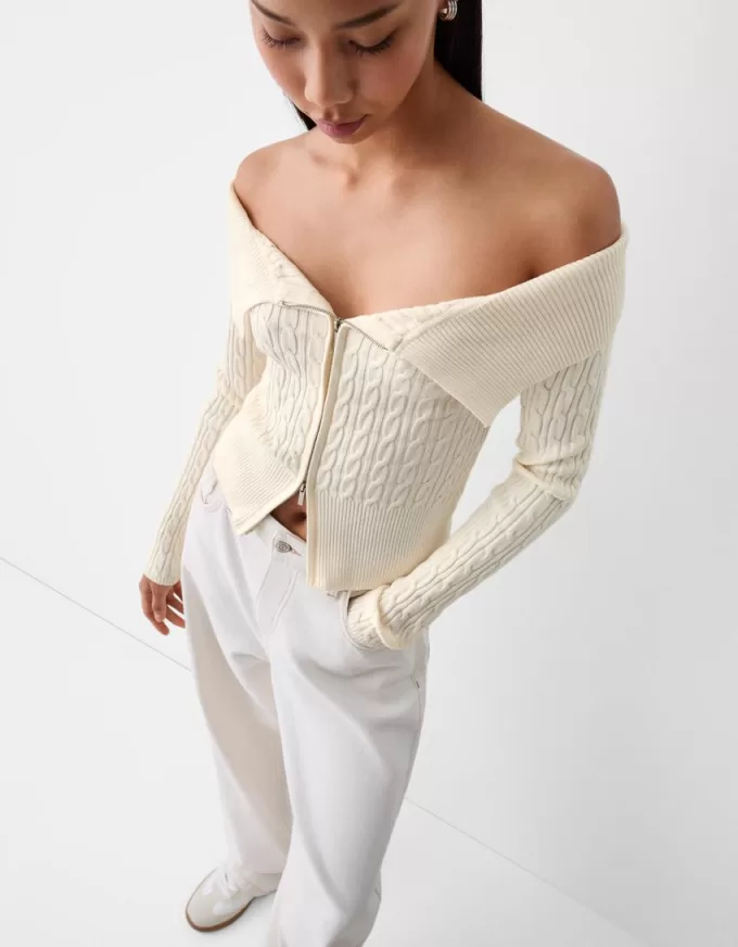 Cable-knit Bardot cardigan with zipper