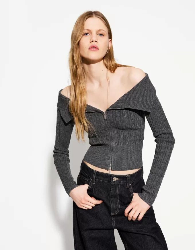 Cable-knit Bardot cardigan with zipper