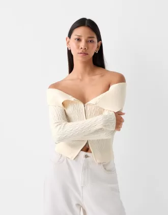 Cable-knit Bardot cardigan with zipper