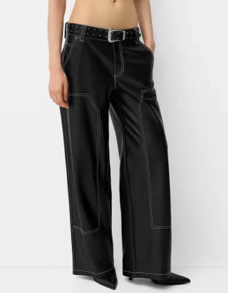 Contrast leather effect pants with belt