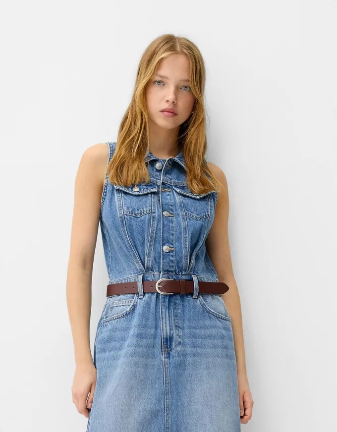 Denim midi dress with belt Denim midi dress with belt
