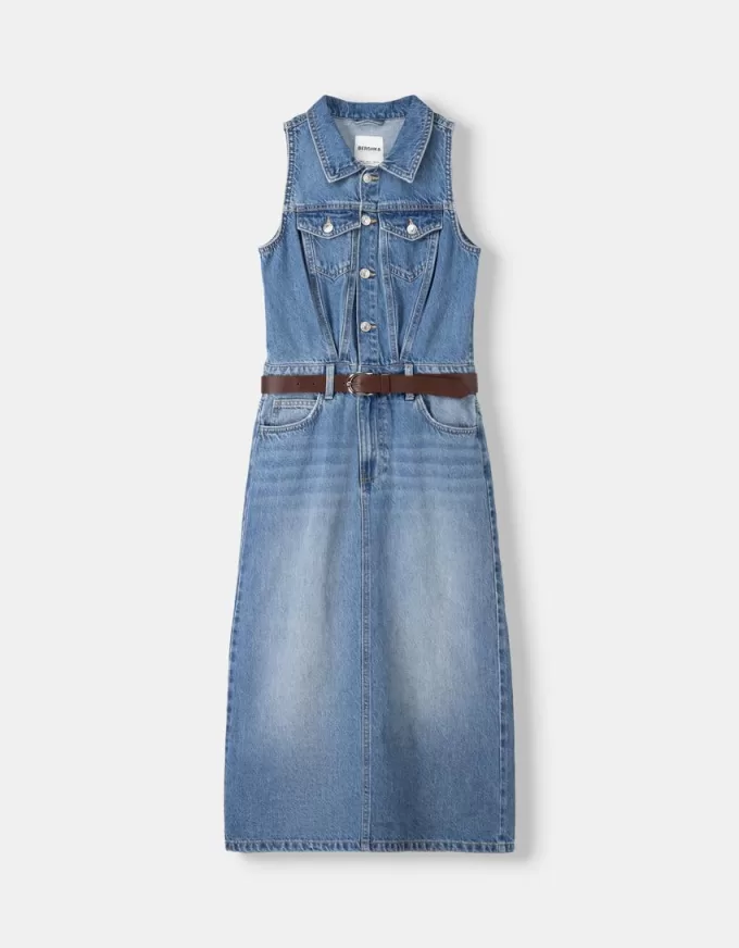 Denim midi dress with belt Denim midi dress with belt