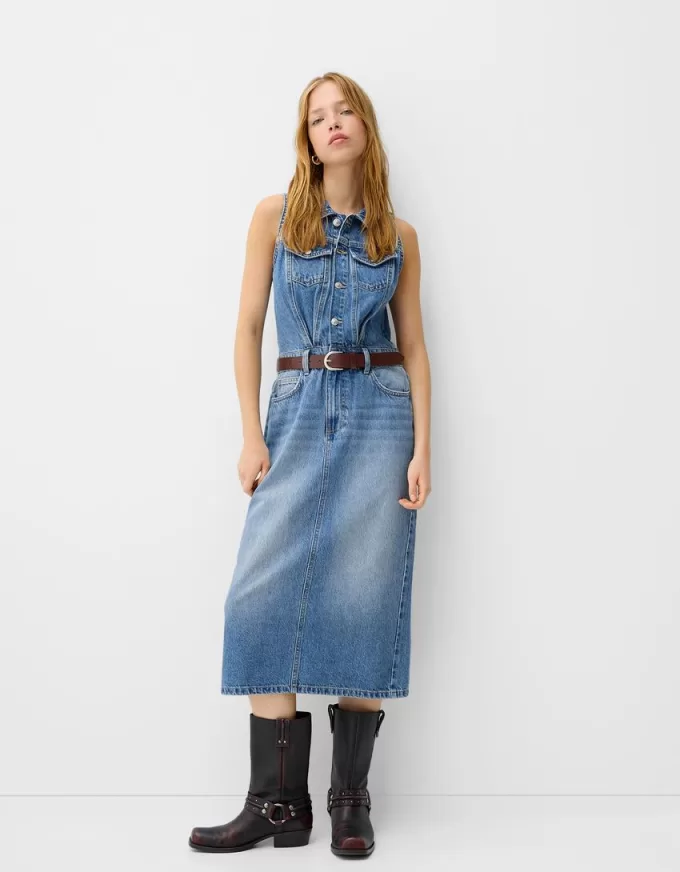 Denim midi dress with belt Denim midi dress with belt