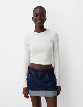 Denim turn-up mini skirt