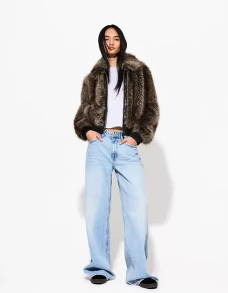 Faux fur jacket with contrast leather effect detail Faux fur jacket with contrast leather effect detail