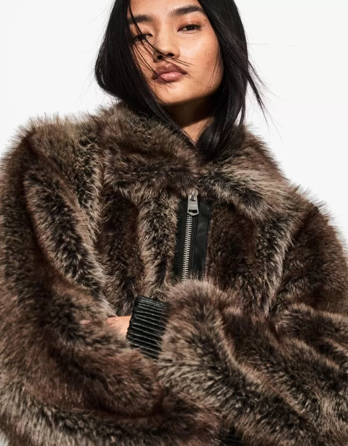 Faux fur jacket with contrast leather effect detail Faux fur jacket with contrast leather effect detail