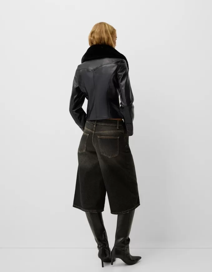 Fitted leather effect jacket with a sweatshirt material neck Fitted leather effect jacket with a sweatshirt material neck