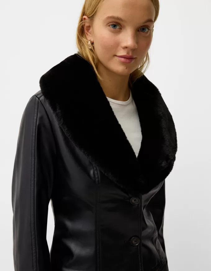 Fitted leather effect jacket with a sweatshirt material neck Fitted leather effect jacket with a sweatshirt material neck