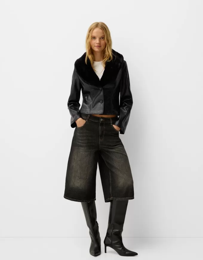 Fitted leather effect jacket with a sweatshirt material neck Fitted leather effect jacket with a sweatshirt material neck