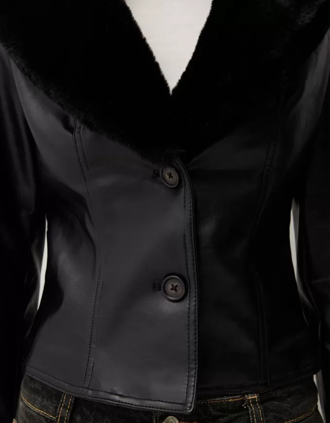 Fitted leather effect jacket with a sweatshirt material neck Fitted leather effect jacket with a sweatshirt material neck