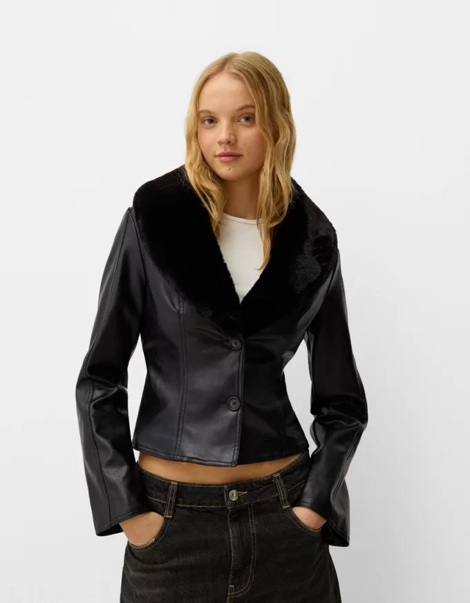 Fitted leather effect jacket with a sweatshirt material neck Fitted leather effect jacket with a sweatshirt material neck