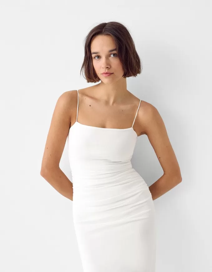 Gathered midi dress with straps Gathered midi dress with straps