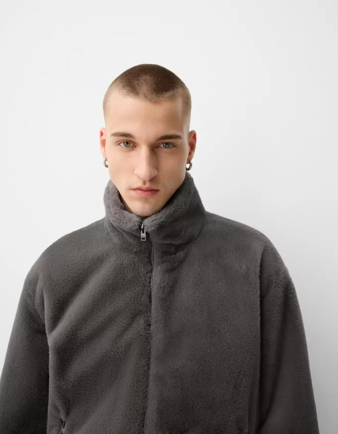 High neck faux fur jacket with zipper High neck faux fur jacket with zipper