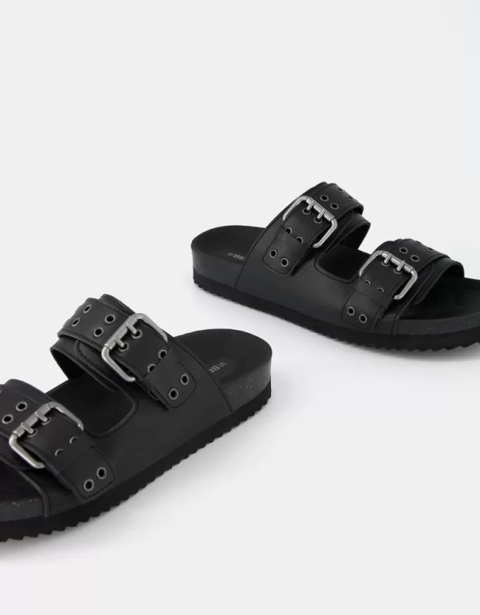 LEATHER buckled flat slider sandals LEATHER buckled flat slider sandals