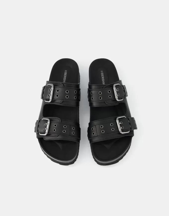 LEATHER buckled flat slider sandals LEATHER buckled flat slider sandals