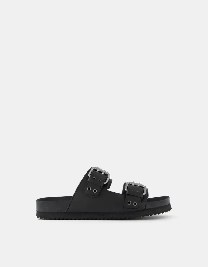 LEATHER buckled flat slider sandals LEATHER buckled flat slider sandals