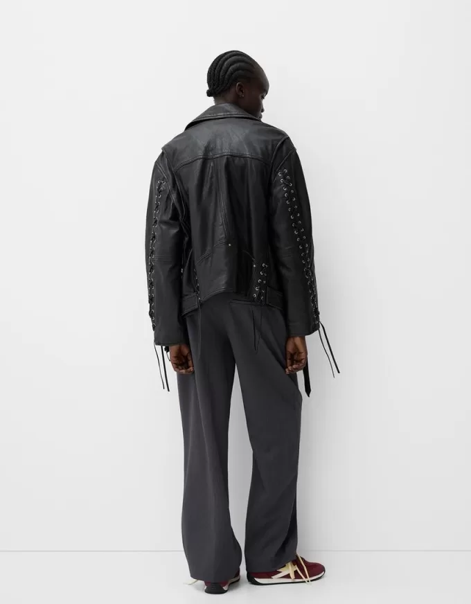 Leather biker jacket with tie detail Leather biker jacket with tie detail