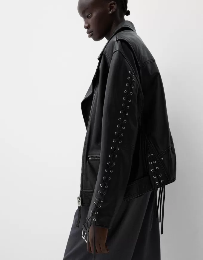 Leather biker jacket with tie detail Leather biker jacket with tie detail