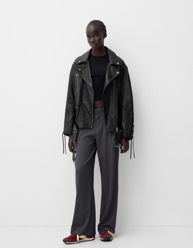 Leather biker jacket with tie detail Leather biker jacket with tie detail