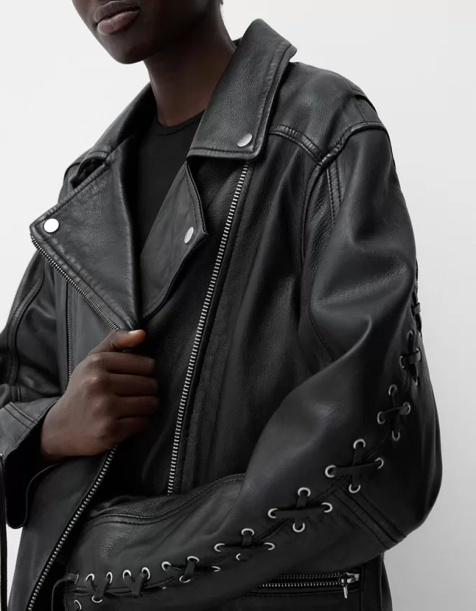 Leather biker jacket with tie detail Leather biker jacket with tie detail