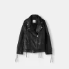 Leather biker jacket with tie detail Leather biker jacket with tie detail