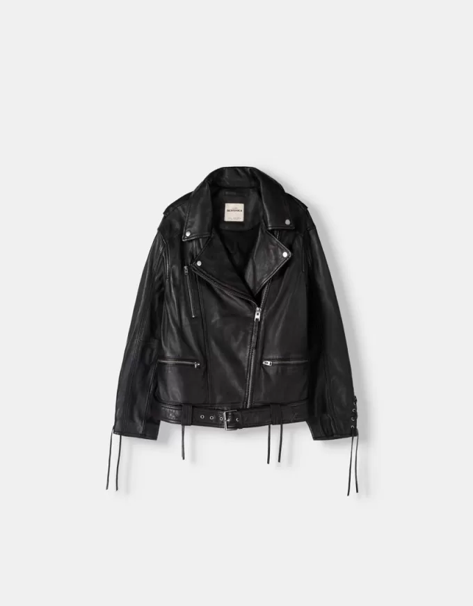 Leather biker jacket with tie detail Leather biker jacket with tie detail