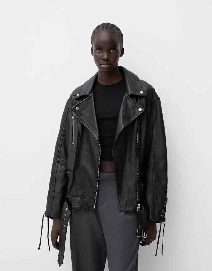 Leather biker jacket with tie detail Leather biker jacket with tie detail