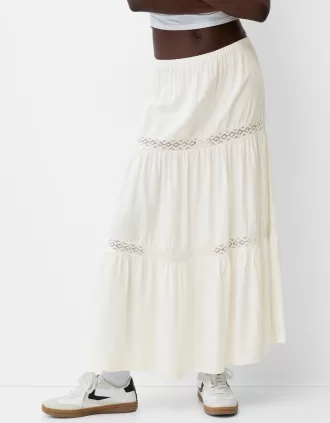 Linen blend midi skirt with elastic waistband