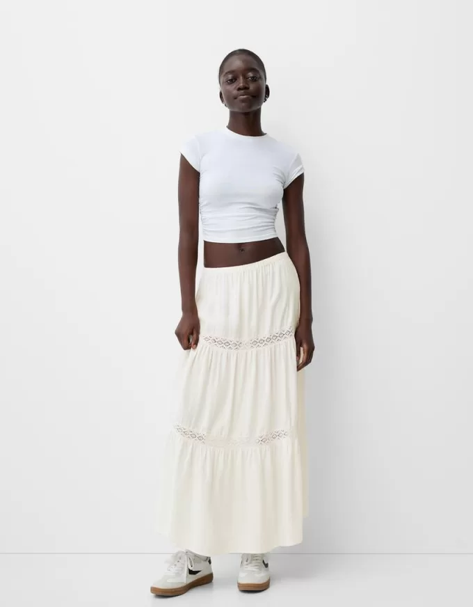 Linen blend midi skirt with elastic waistband Linen blend midi skirt with elastic waistband