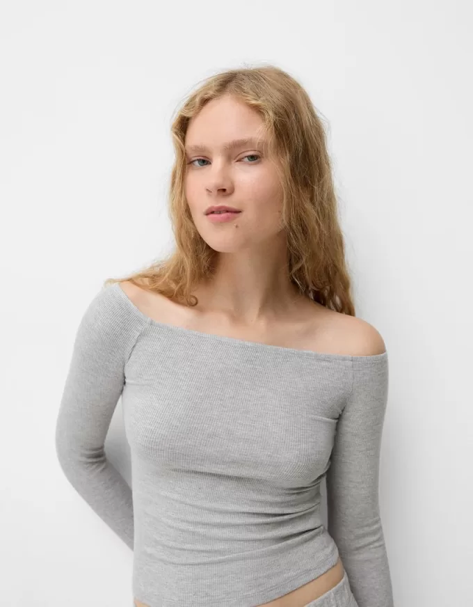 Long sleeve Bardot neckline T-shirt Long sleeve Bardot neckline T-shirt