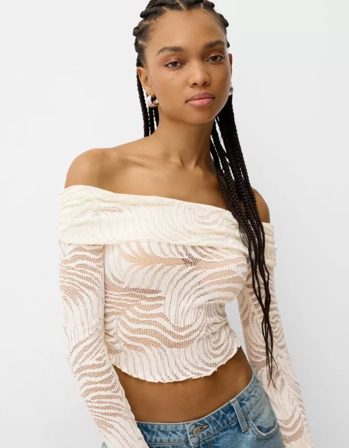 Long sleeve Bardot neckline rustic T-shirt Long sleeve Bardot neckline rustic T-shirt