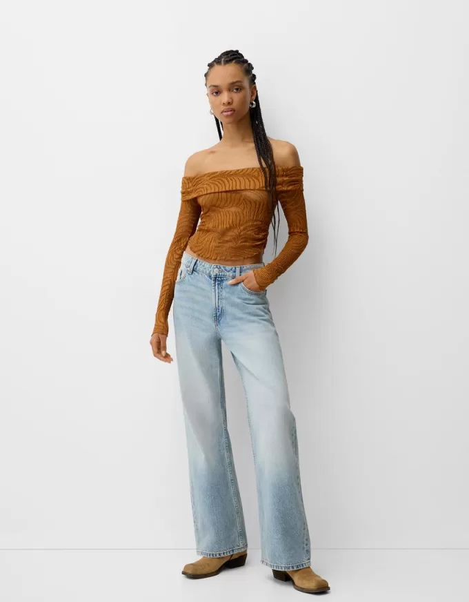 Long sleeve Bardot neckline rustic T-shirt