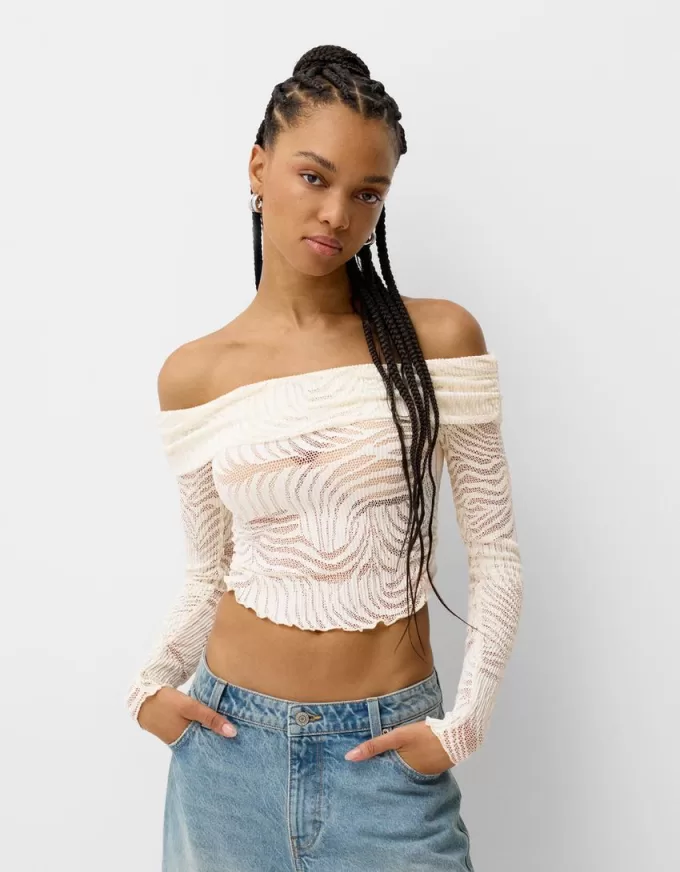 Long sleeve Bardot neckline rustic T-shirt Long sleeve Bardot neckline rustic T-shirt