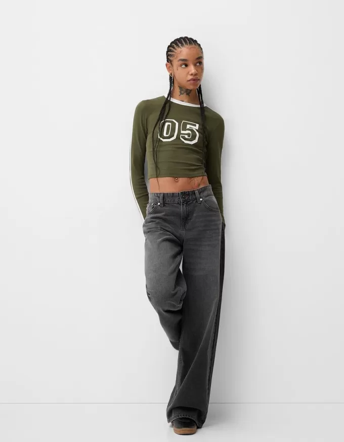 Long sleeve T-shirt with print and trim Long sleeve T-shirt with print and trim