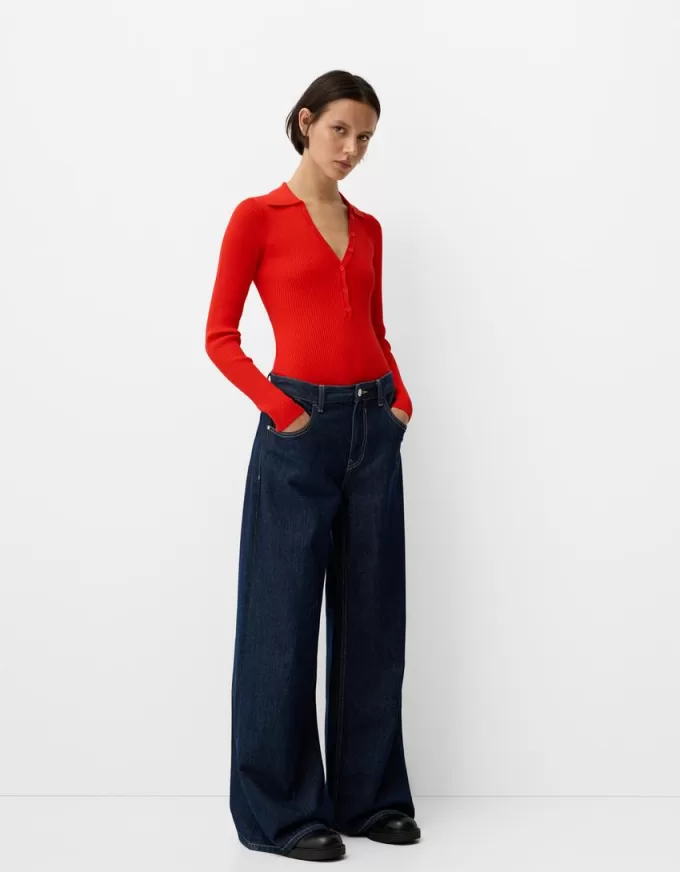 Long sleeve cut-out polo collar bodysuit Long sleeve cut-out polo collar bodysuit