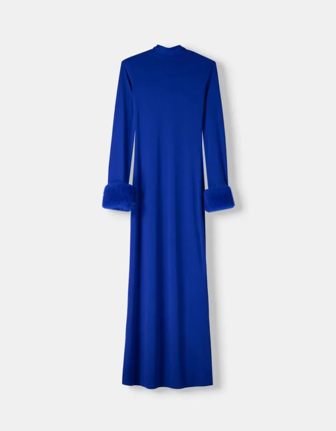 Long sleeve midi dress with faux fur cuffs Long sleeve midi dress with faux fur cuffs